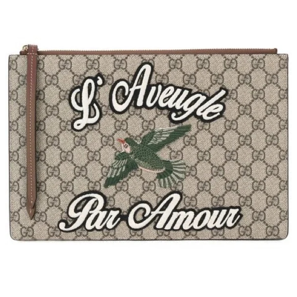 Gucci GG Supreme L'Aveugle Par Amour Zip Pouch Clutch Bag Beige Monogram Canvas